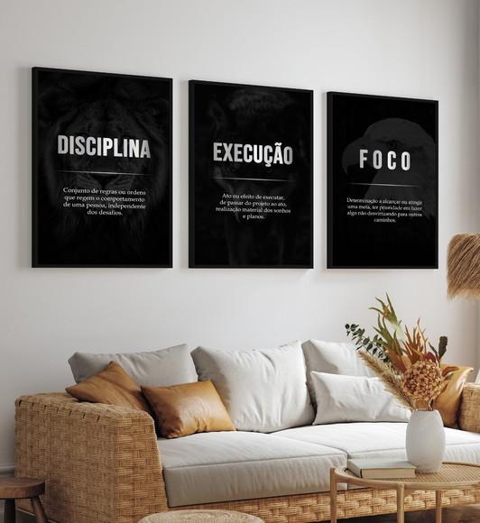 Kit 3 Quadros Decorativos Disciplina Execução Foco Moldura