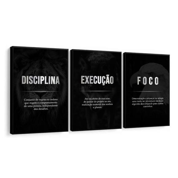 Kit 3 Quadros Decorativos Disciplina Execução Foco Moldura