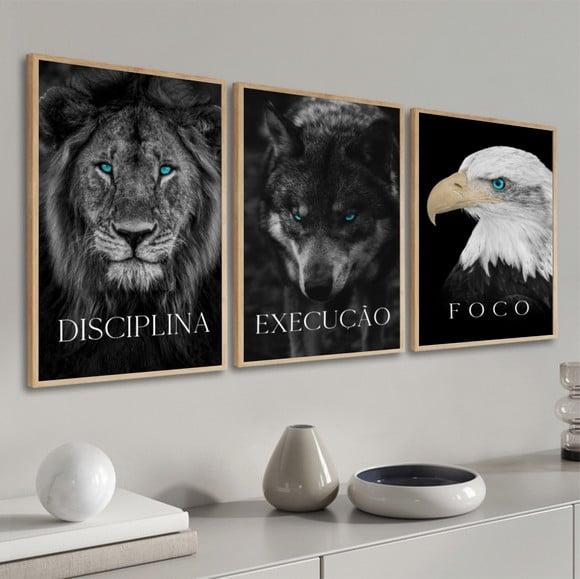 Kit 3 Quadros Decorativos Disciplina Execução Foco Moldura