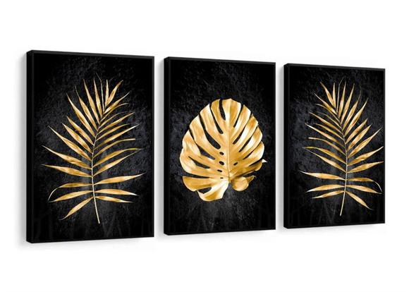 Kit 3 Quadros Decorativos Dourado Folhagem Para Sala Moldura