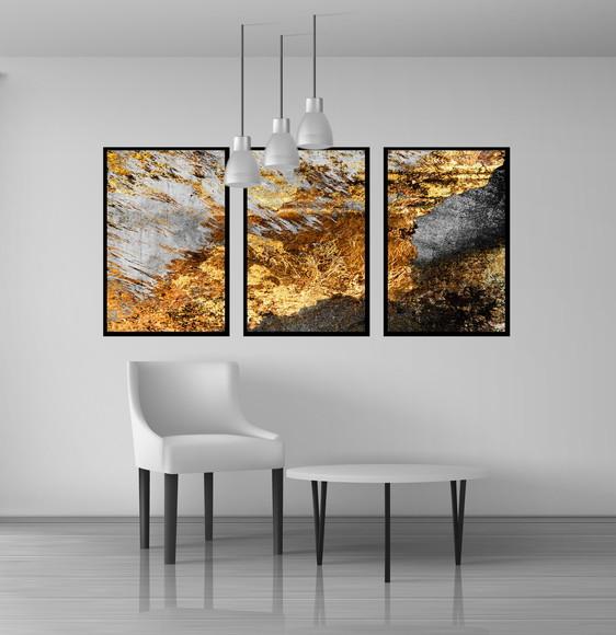 Kit 3 Quadros Decorativos Dourado Moderno Para Sala Moldura