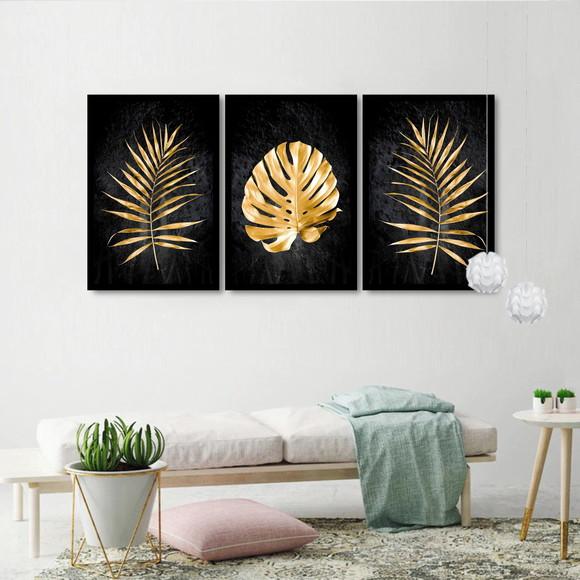 Kit 3 Quadros Decorativos Dourado Folhagem Para Sala Moldura