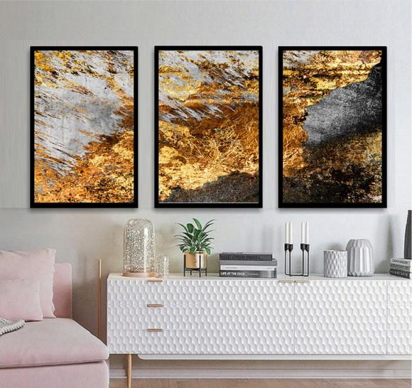 Kit 3 Quadros Decorativos Dourado Moderno Para Sala Moldura