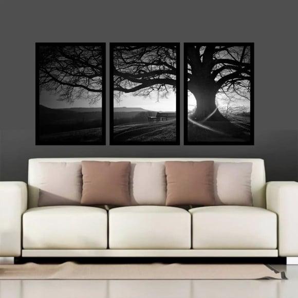 Kit 3 Quadros Decorativos Entardecer Preto e Branco Molduras