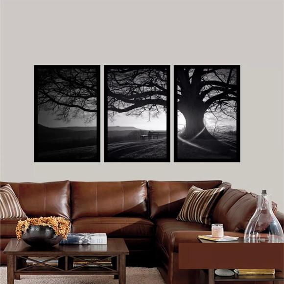 Kit 3 Quadros Decorativos Entardecer Preto e Branco Molduras