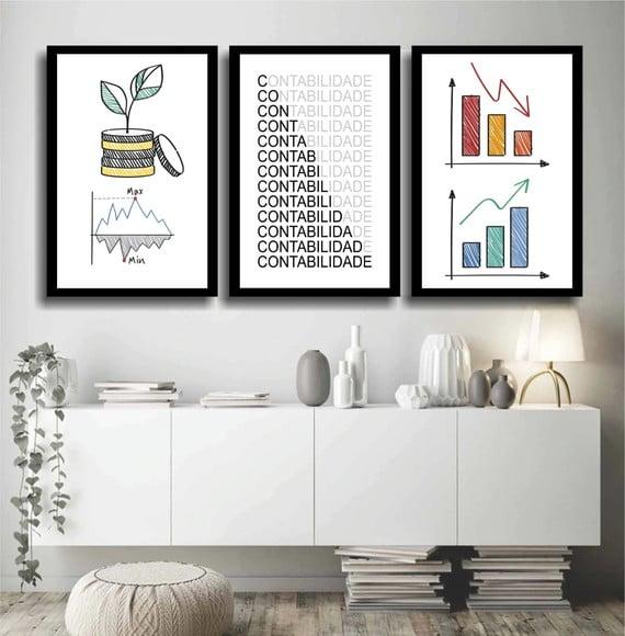 Kit 3 Quadros Decorativos Escritório Contabilidade Gráficos