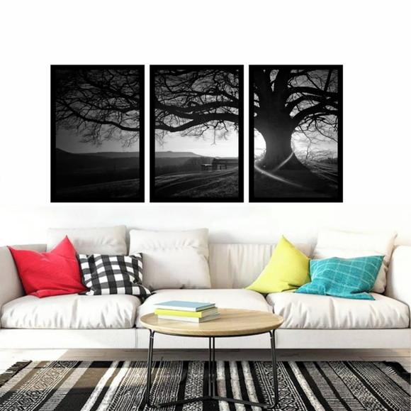 Kit 3 Quadros Decorativos Entardecer Preto e Branco Molduras