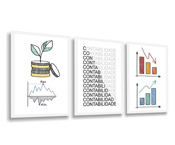 Kit 3 Quadros Decorativos Escritórios Contabilidade Gráficos