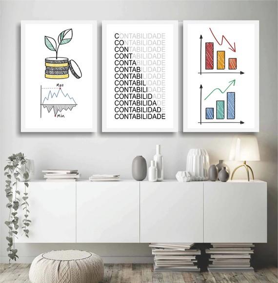 Kit 3 Quadros Decorativos Escritórios Contabilidade Gráficos