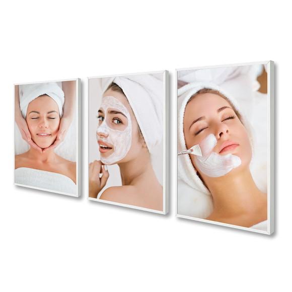 Kit 3 Quadros Decorativos Estética Facial Massagem Moldura