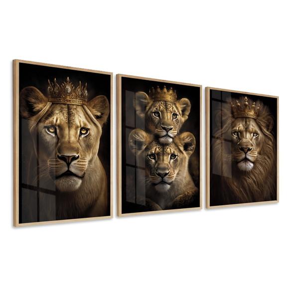 Kit 3 Quadros Decorativos Família de Leão com Moldura Vidro