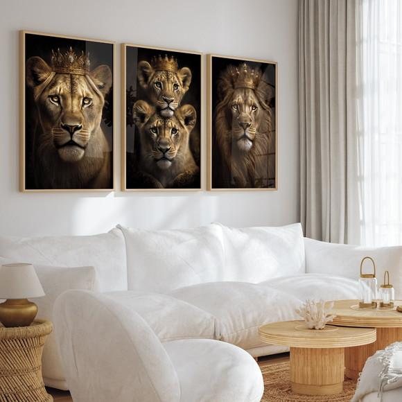 Kit 3 Quadros Decorativos Família de Leão Filhotes Moldura