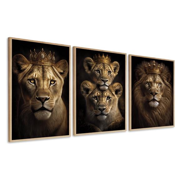 Kit 3 Quadros Decorativos Família de Leão Filhotes Moldura