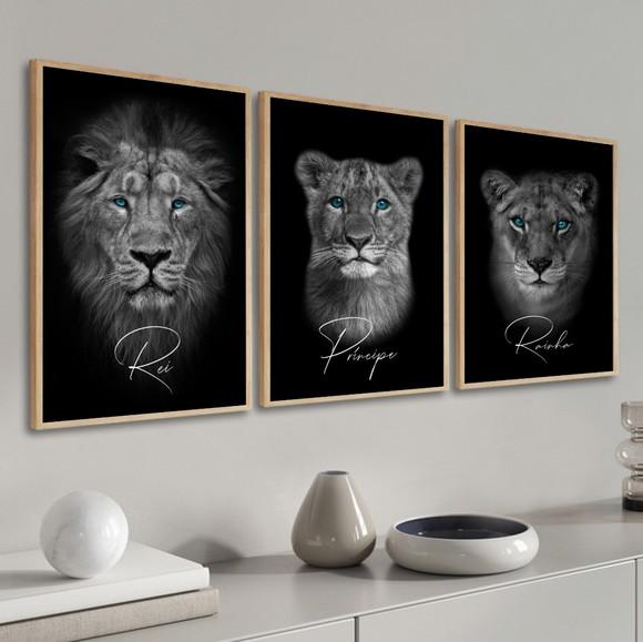 Kit 3 Quadros Decorativos Família De Leão Frases Com Moldura