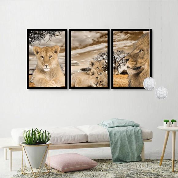 Kit 3 Quadros Decorativos Família De Leão Moderno Moldura