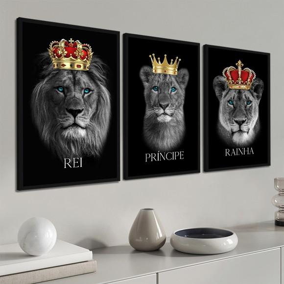 Kit 3 Quadros Decorativos Família De Leão Para Sala Moldura