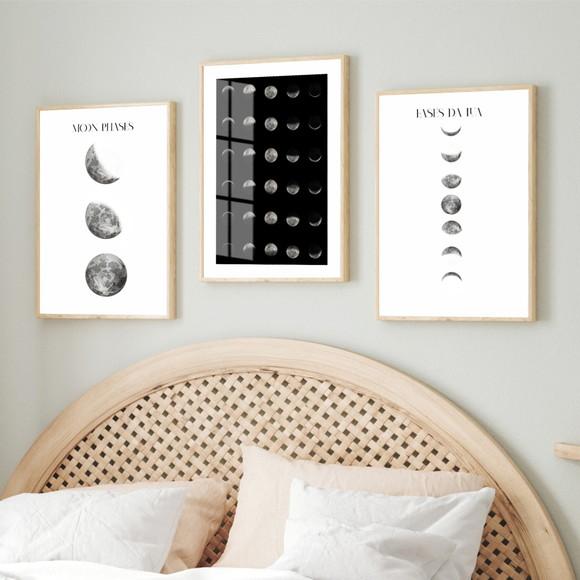 Kit 3 Quadros Decorativos Fases da Lua com Moldura e Vidro