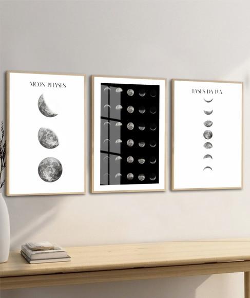 Kit 3 Quadros Decorativos Fases da Lua com Moldura e Vidro