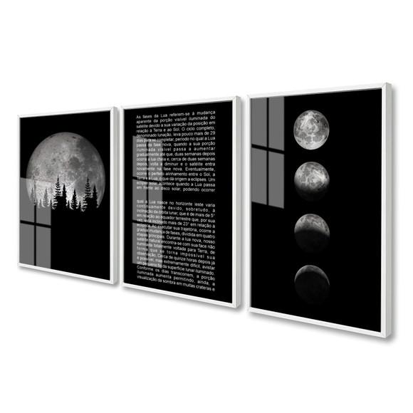 Kit 3 Quadros Decorativos Fases da Lua com Moldura e Vidro