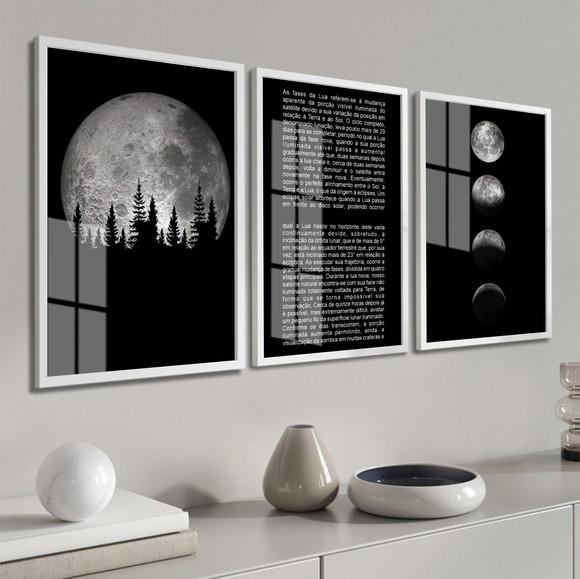 Kit 3 Quadros Decorativos Fases da Lua com Moldura e Vidro