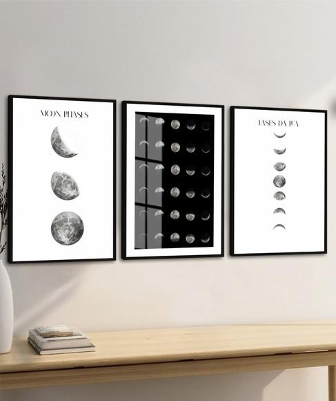 Kit 3 Quadros Decorativos Fases da Lua Moderno Moldura Vidro
