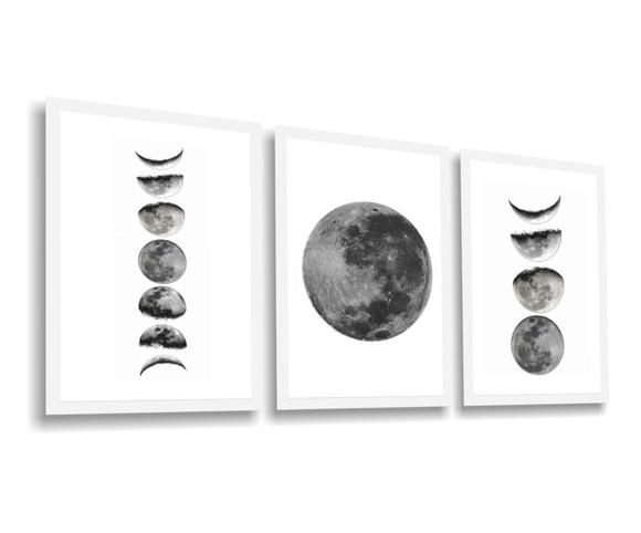 Kit 3 Quadros Decorativos Fases Da Lua Para Quarto Sala Hall