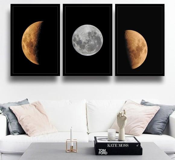 Kit 3 Quadros Decorativos Fases Da Lua Para Sala Com Moldura