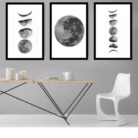 Kit 3 Quadros Decorativos Fases Da Lua Para Sala Quarto Hall