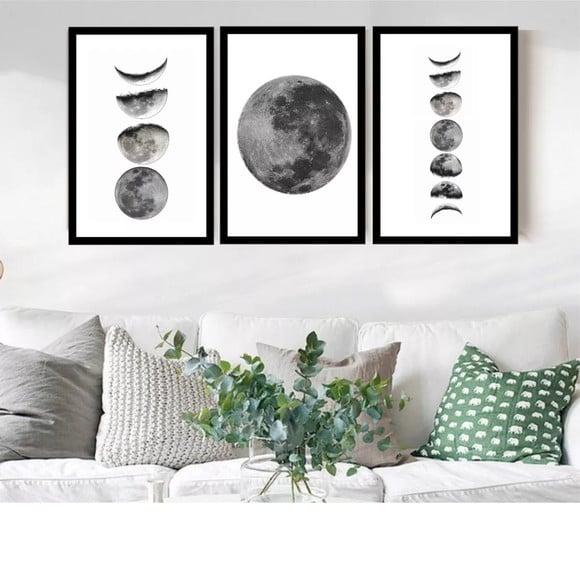 Kit 3 Quadros Decorativos Fases Da Lua Para Sala Quarto Hall