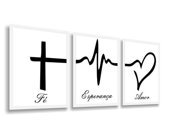 Kit 3 Quadros Decorativos Fé Esperança Amor Frases Oração