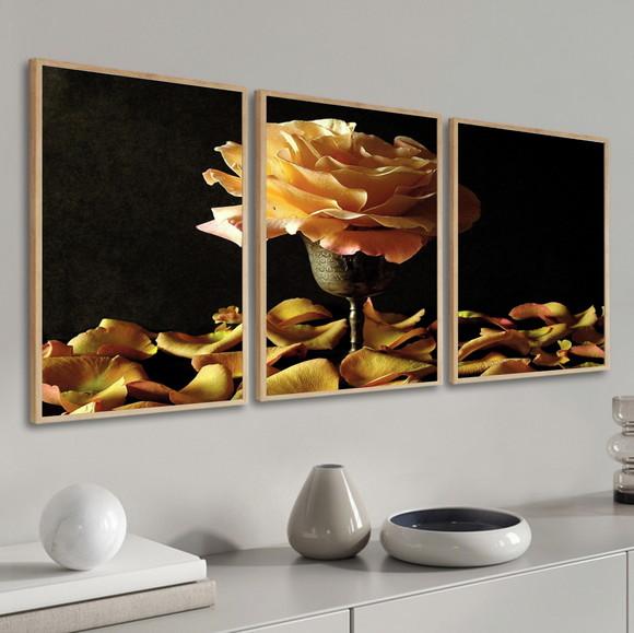 Kit 3 Quadros Decorativos Flor Amarela Para Sala Com Moldura
