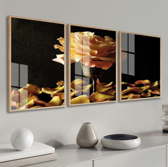 Kit 3 Quadros Decorativos Flor Amarela com Moldura e Vidro