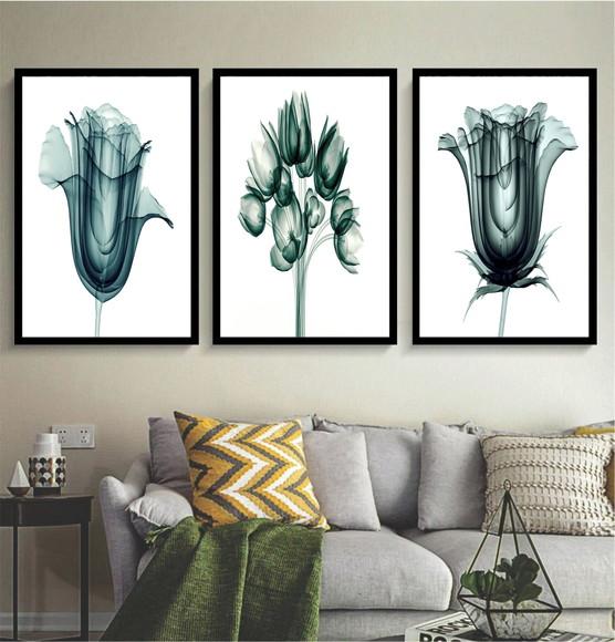 Kit 3 Quadros Decorativos Flor Azul Moderno Sala Com Moldura
