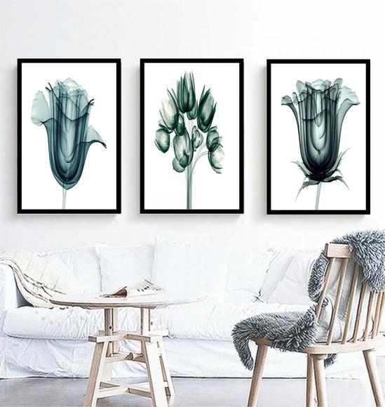 Kit 3 Quadros Decorativos Flor Azul Moderno Sala Com Moldura