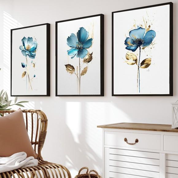Kit 3 Quadros Decorativos Flor Azul para Sala com Moldura