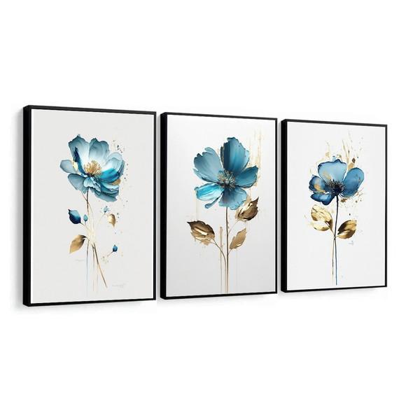 Kit 3 Quadros Decorativos Flor Azul para Sala com Moldura