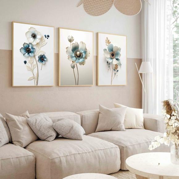 Kit 3 Quadros Decorativos Flor Azul Sala Moderna com Moldura