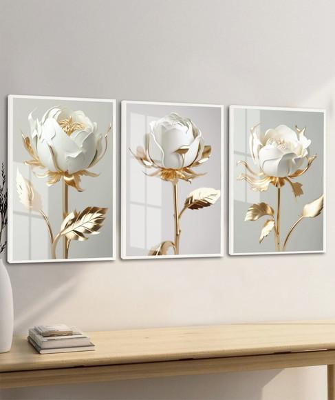 Kit 3 Quadros Decorativos Flor Branca Dourada Moldura Vidro
