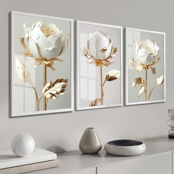 Kit 3 Quadros Decorativos Flor Branca Dourada Moldura Vidro