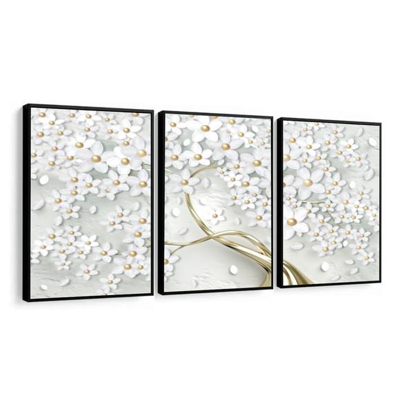 Kit 3 Quadros Decorativos Flor Cerejeira Dourada Com Moldura