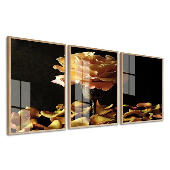 Kit 3 Quadros Decorativos Flor Amarela com Moldura e Vidro