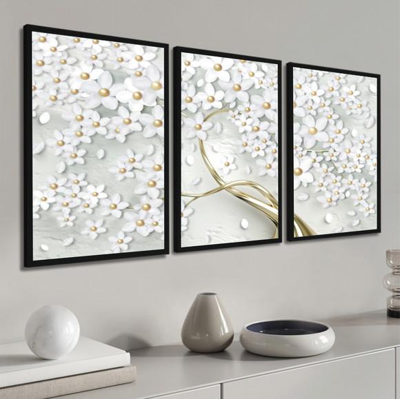 Kit 3 Quadros Decorativos Flor Cerejeira Dourada Com Moldura