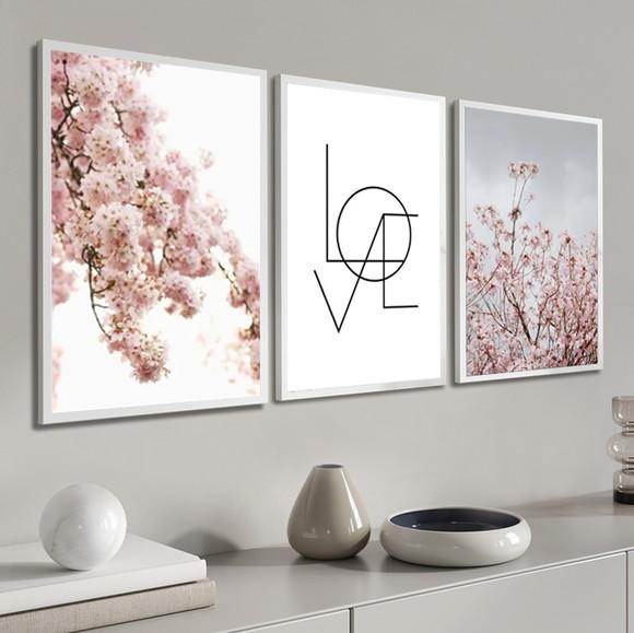 Kit 3 Quadros Decorativos Flor De Cerejeira Sala Com Moldura