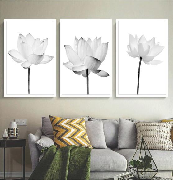 Kit 3 Quadros Decorativos Flor de Lotus para Sala Moldura