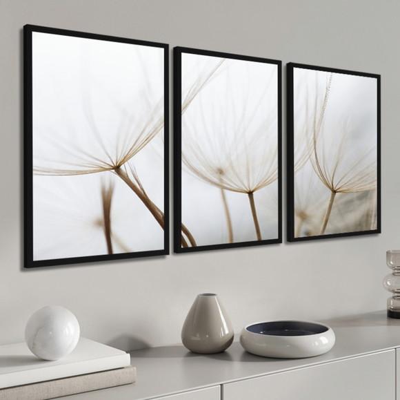 Kit 3 Quadros Decorativos Flor Dente De Leão Branco Moldura
