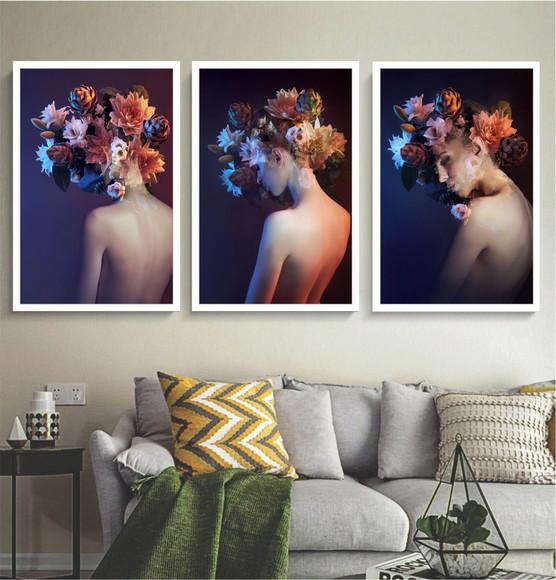 Kit 3 Quadros Decorativos Flor Mulheres Quarto Sala Moldura