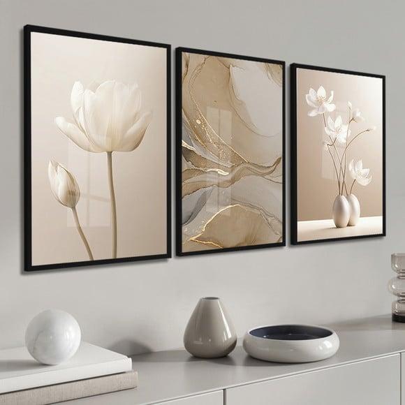 Kit 3 Quadros Decorativos Flores Abstrato Bege Boho Vidro