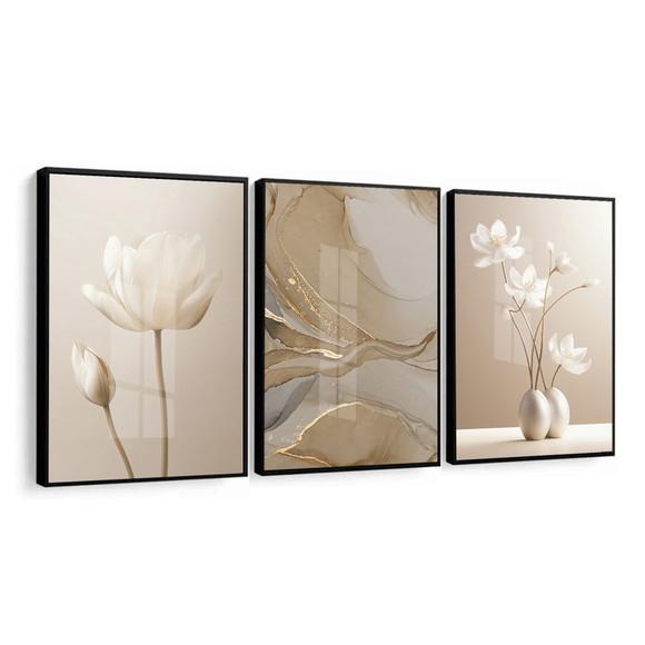 Kit 3 Quadros Decorativos Flores Abstrato Bege Boho Vidro