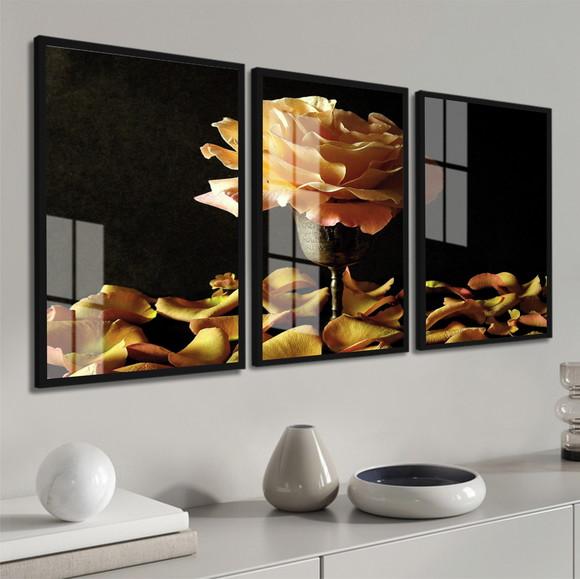 Kit 3 Quadros Decorativos Flores Amarela com Moldura e Vidro