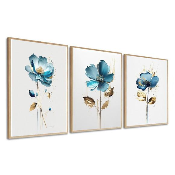 Kit 3 Quadros Decorativos Flores Azuis para Sala com Moldura